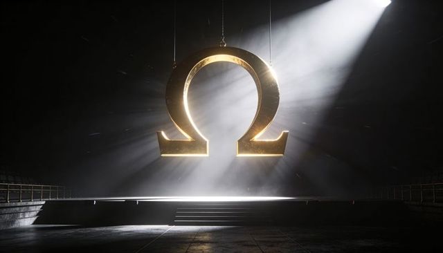 Hanging golden omega symbol casting cinematic spotlight rays over dark stage with dust