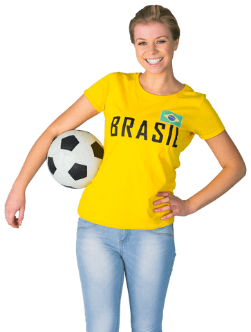 Smiling football fan wearing brazil t-shirt holding soccer ball transparent