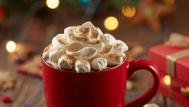 Festive Hot Chocolate in Red Mug with Whipped Cream and Marshmallows