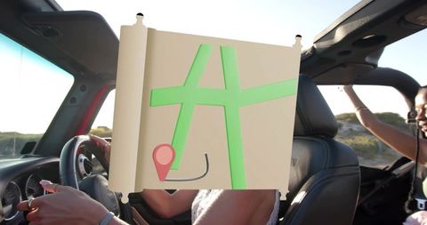 Sunlit coastal roadtrip cruising convertible with friends wearing sleeveless tops and rings