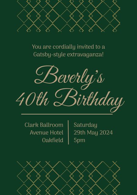This Gatsby-style 40th birthday invitation features elegant gold text against a deep green background with art deco patterns. Perfect for sending out for an opulent and glamorous birthday celebration. Ideal for planners, e-vite companies or showcasing a template design.