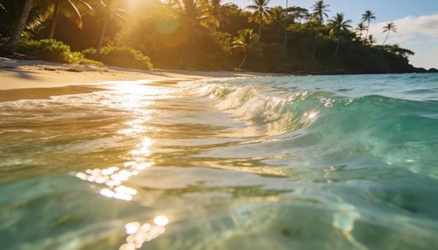 Turquoise shallow water and rolling small wave at tropical palm beach during golden hour