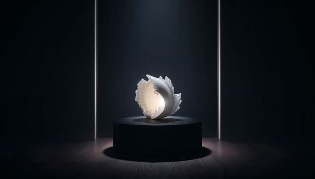 Glowing alabaster shell sculpture on black pedestal in dark gallery with ruffled petals