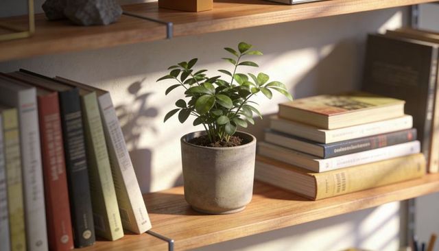 Sunlit potted plant on wooden bookshelf with stacked books, soft shadows and minimal decor