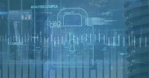 Digital Security Lock Icon with Futuristic Data Analytics Interface