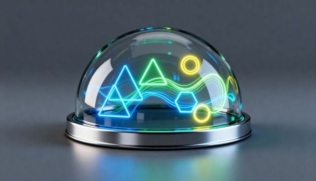 Futuristic glass dome projecting neon geometric shapes on chrome base with colored glow