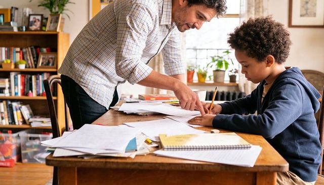 Father guiding son through homework at wooden table, home learning, parent tutoring moment