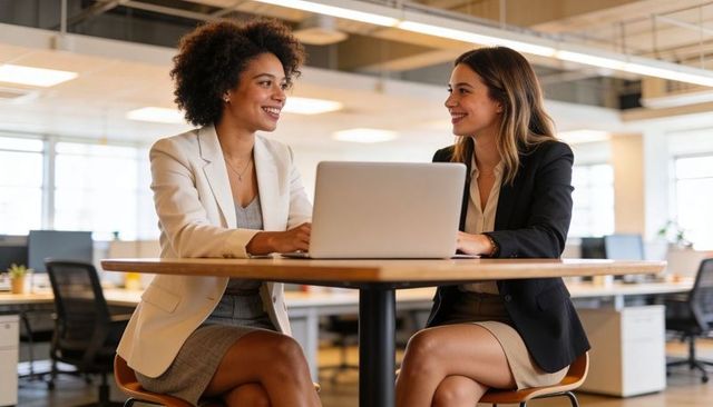 Female colleagues collaborating at high table with laptop in modern open office daylight