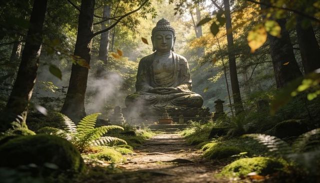 Moss-covered buddha statue in sunlit forest shrine with mist, ferns, offering bowl