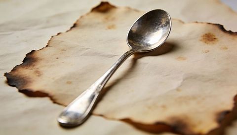 Tarnished silver teaspoon resting on burned parchment sheets with vintage patina and charm