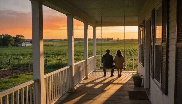 Couple sitting on farmhouse porch swing watching golden sunset over expansive crop fields
