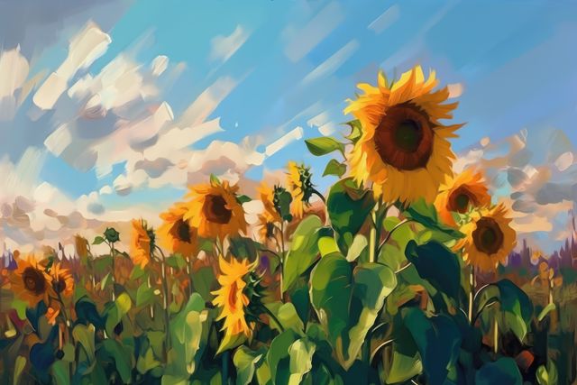 This image shows a beautiful field of sunflowers under a bright sky with light clouds. The vibrant colors and sunny setting make this perfect for use in nature-themed blogs, summer promotions, outdoor event advertisements, and as a scenic background for various projects.