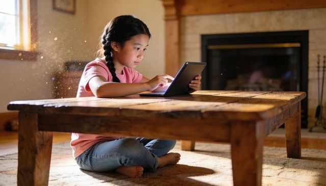 Girl using tablet under rustic low table in sunlit living room, focused screen time