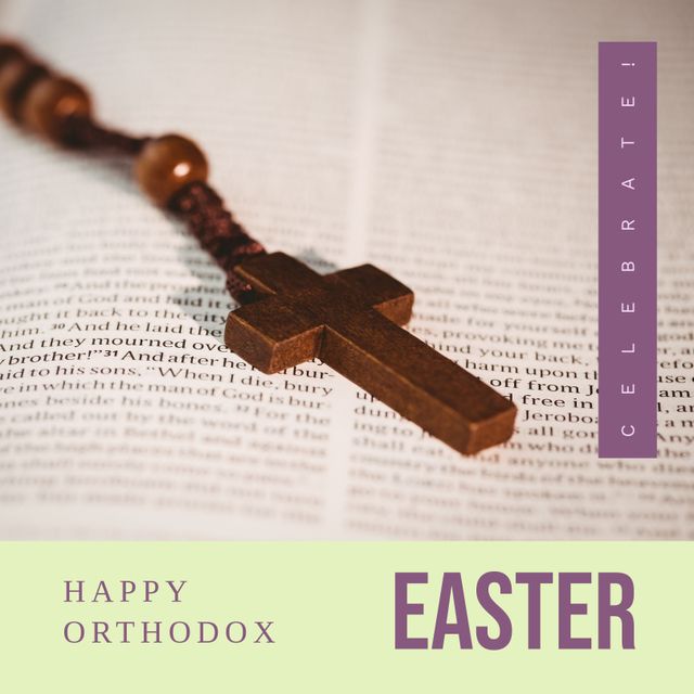 Rosary Beads on Bible with Celebrate Happy Orthodox Easter Text - Download Free Stock Templates Pikwizard.com