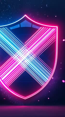Neon Shield Forming X Lattice with Cyan and Magenta Bands on Dark Stage Vertical Video