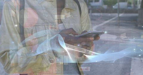 Digital interface with african american woman using smartphone