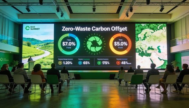 Zero-waste carbon offset conference presentation with large led infographics and audience