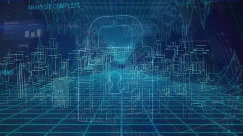 Futuristic Digital City with Data Processing Over Padlock