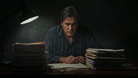 Focused asian prosecutor man thoroughly reviewing documents at office desk