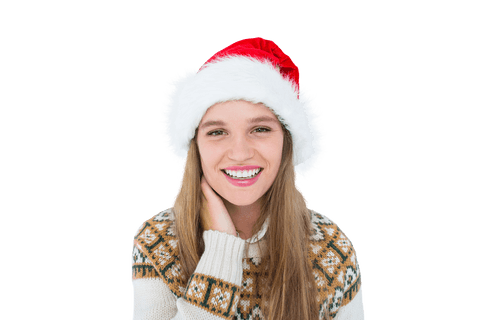 Festive Young Woman with Santa Hat on Transparent Background