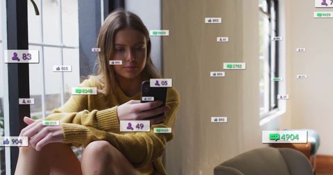 Woman Engaged with Smartphone Amid Digital Social Media Icons