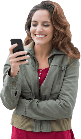 Smiling Caucasian Woman Using Smartphone in Casual Jacket Transparent Background