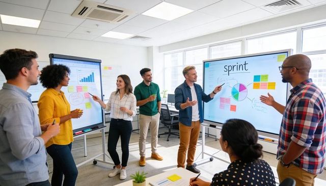 Diverse team collaborating on agile sprint planning with digital whiteboards and sticky notes