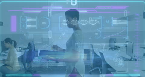 Futuristic Data Analysis with Woman Using Laptop in Office