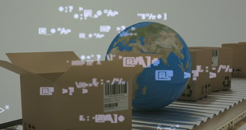 Illustrating the interconnection of technology and global logistics, this video shows data and digital symbols overlaying packages beside a globe. Ideal for content focused on modern supply chain services, e-commerce platforms, and digital innovations in worldwide delivery systems.