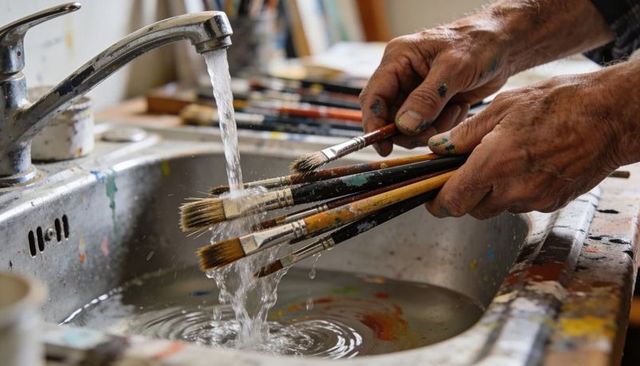 Artist rinsing brushes at sink with paint-stained hands and plaid sleeves, studio closeup