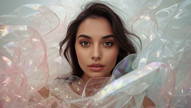 Gazing amid iridescent organza and cellophane ribbons radiating ethereal beauty