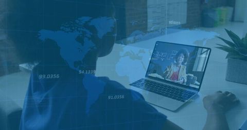 Remote Business Meeting with Digital World Map Overlay