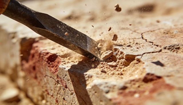 Chiseling quarry stone block sending dust chips and fragments in dynamic macro action