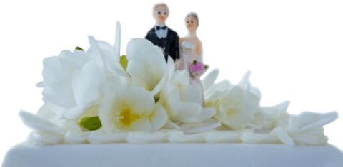Transparent wedding cake topper with couple figurines and white flowers
