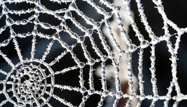 Glistening frosted spider web catching low-angle morning light with ice droplets