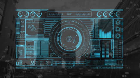 Futuristic Digital Interface with Data Visualizations and Dials