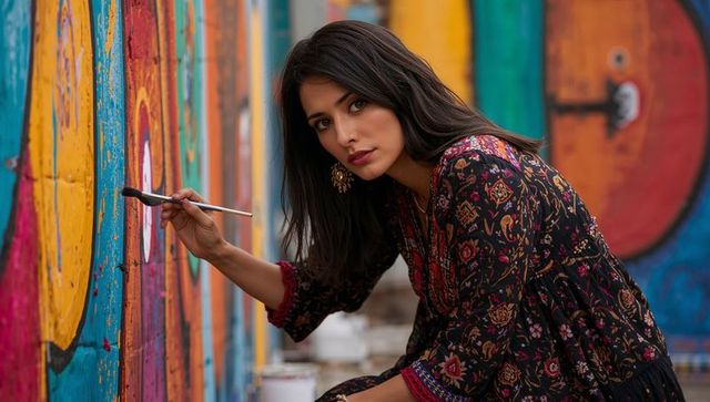 Indian artist painting vibrant urban mural with brush and colorful circles in floral dress