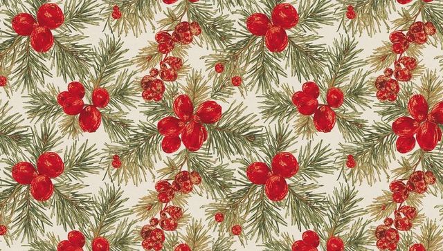 Vintage pine needle and red berry seamless holiday pattern featuring hand-drawn motif