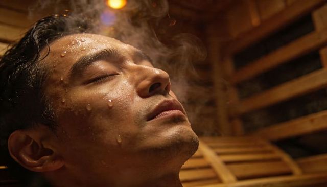 Serene asian man relaxing in wooden sauna closeup with steam and sweat droplets