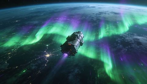 Gliding cylindrical spacecraft over planet night side beneath green and purple aurora