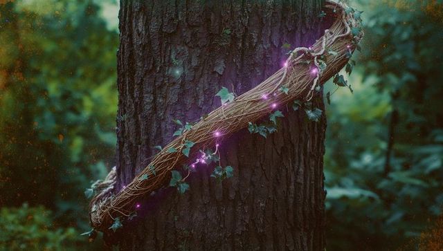 Enchanted tree with twinkling vine lights in mysterious forest