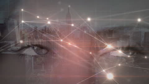 Futuristic Cityscape with Digital Network and Eyes Overlay