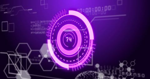 A dynamic digital interface displaying circular HUD elements with futuristic design. Incorporates a vibrant purple glow, combined with abstract digital graphics which evoke online security and data presence. Ideal for use in technology, cybersecurity advertising, educational material on digital innovation, or visual content requiring a high-tech aesthetic.