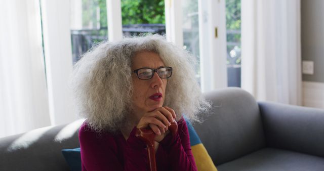 Senior Woman with Gray Hair and Glasses Sitting on Sofa - Download Free Stock Images Pikwizard.com