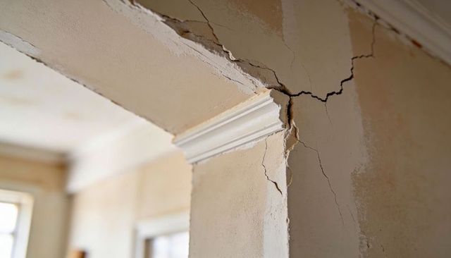 Cracked plaster around doorway pillar with peeling paint and decorative crown molding