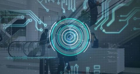 Futuristic digital interface overlay in corporate lobby