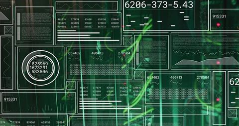 Digital HUD Dashboard Displaying Neon Green Data Matrix, Circular Gauge, Waveform Panels