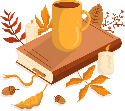 Warm autumn serenity with mug on book on transparent background