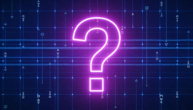 Neon question mark on futuristic digital grid representing tech uncertainty and customer support