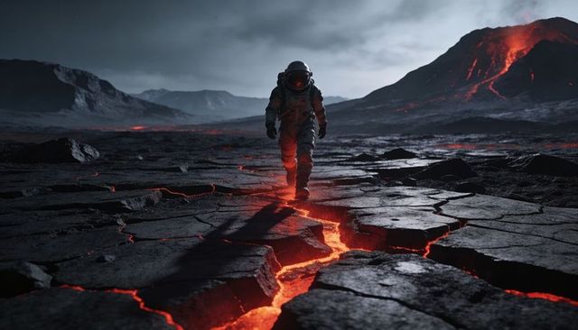 Astronaut walking across cracked basalt plain with glowing lava fissures and erupting volcano